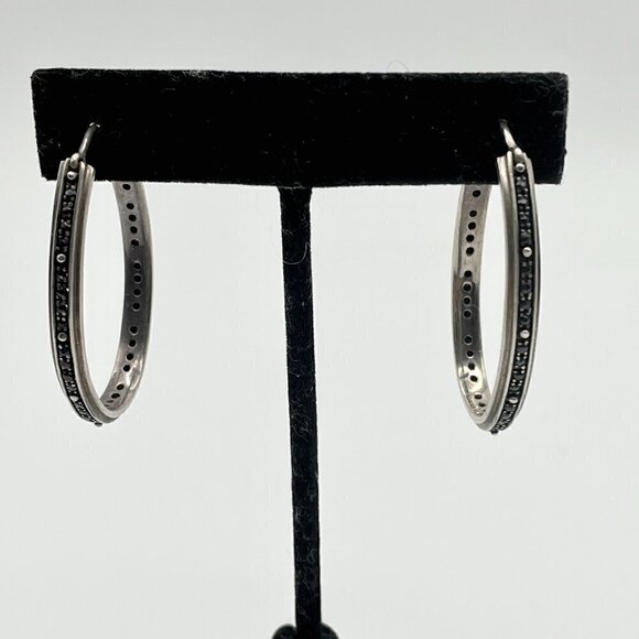 Elizabeth and James Signed Sterling Silver Black Spinel Oval Hoop Earrings